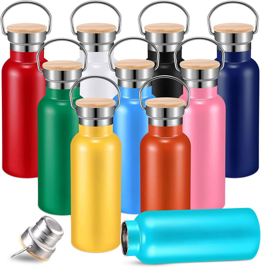 10 Pieces Stainless Steel Sports Water Bottles Bulk 17oz Double Wall Insulated Bottle with Handle and Wooden Leakproof Lid Metal Water Bottle Outdoor for Cyclists Runners Hikers DIY Gift, 10 Colors Namiedstore