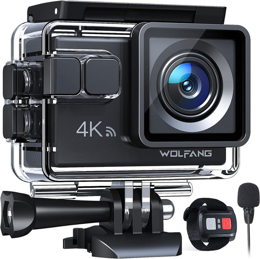 WOLFANG Action Camera 4K 20MP GA100, Waterproof 40M Underwater Camera for Snorkeling, EIS Stabilization WiFi 170° Wide Angle Helmet Camera for Vlogging with External Microphone, Remote Control Namiedstore