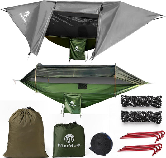 WIYPRQZ Camping Hammock with Mosquito Net and Rain Fly Cover Portable Lightweight 230T Nylon Hammocks with Removable Bug Net Outdoor Hiking Backpacking Travel Camping (Grey) Namiedstore