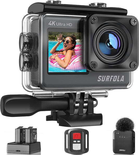 Waterproof Action Camera 4K-Ultra HD 60FPS 24MP 40M Underwater Helmet Vlog WiFi Camera，8X Zoom Touch Dual Screen EIS Stabilization Cam/Wireless Mic/Remote Control/Battery*2/Charger/Accessories Kit Namiedstore