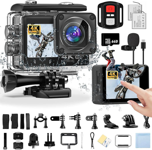 4K Action Camera, Sports Video Camera WiFi with Touch Screen Dual Screen 131FT Underwater Camera Waterproof, EIS 2.0, 170° Wide Angle, Zoom, 2 Batteries and Accessory Kits for Vlog Namiedstore