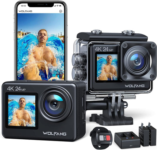 WOLFANG GA200 24MP 4K Action Camera 40M Waterproof Underwater Camera for Snorkeling, EIS WiFi Adjustable Wide Angle Dual Screen Camera for Vlog, Webcam(Charger, Remote Control and Helmet Accessories) Namiedstore